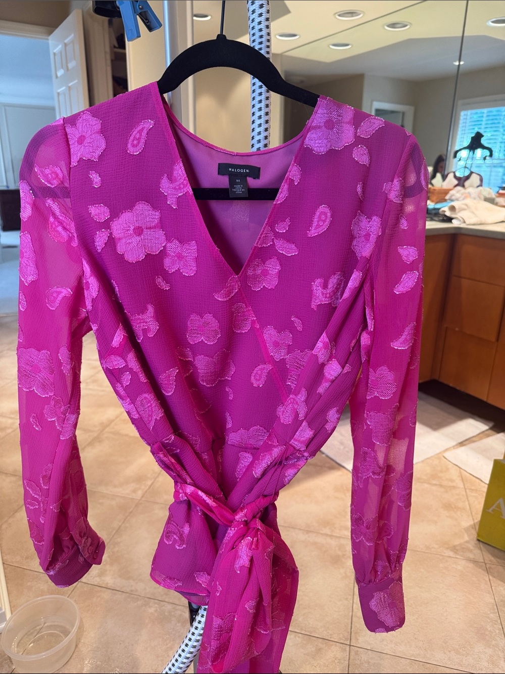 Halogen Fuchsia Floral Wrap Blouse with Tie Waist